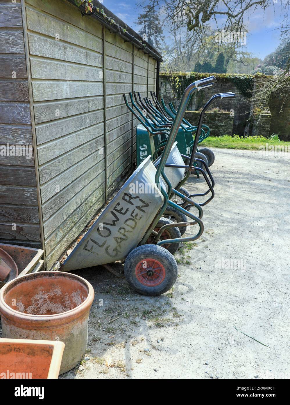 Wheelbarrows lined up at the Kitchen garden at the Lost Gardens of