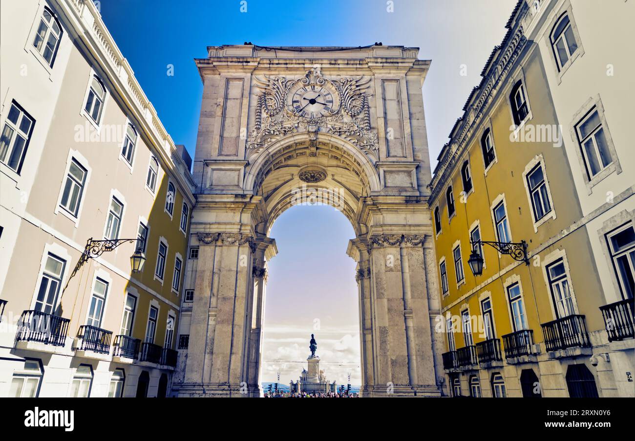 The Arco da Rua Agusta , Lisbon, Portugal, viewed on approach from the city side. Stock Photo