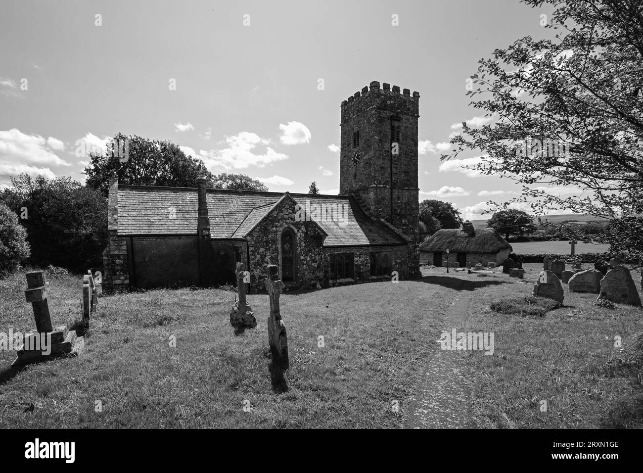 Church and thatched cottage Black and White Stock Photos &amp; Images - Alamy