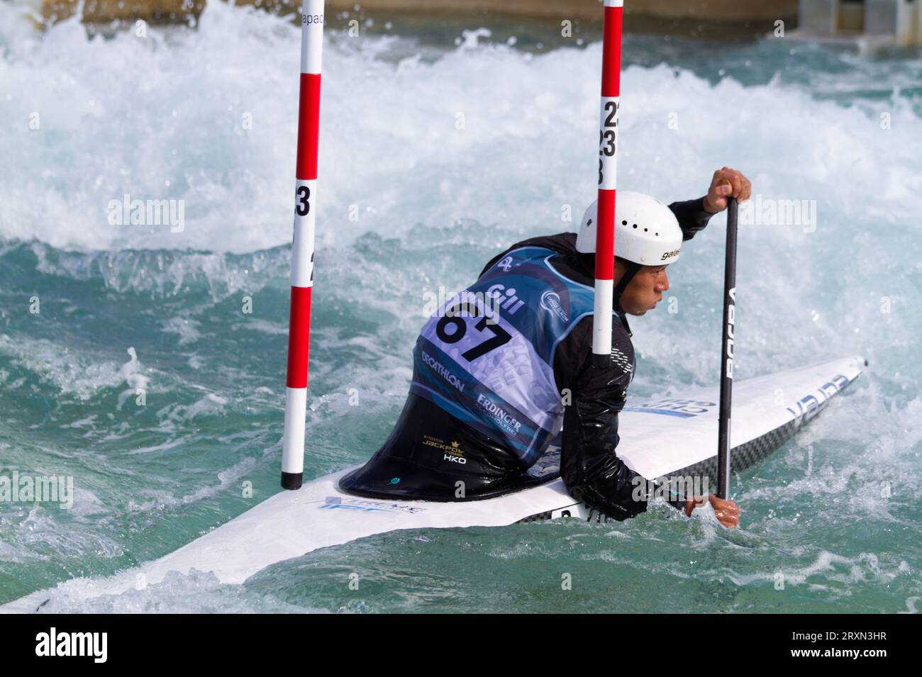 Peng Zhang of China competes in the men's C1 at the ICF Canoe Slalom World Championships held at Lee Valley White Water Centre. Stock Photo