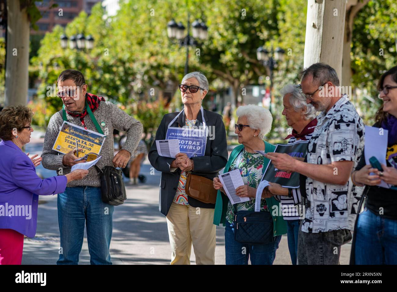 Logroño, La Rioja, Spain - September 23, 2023. Abolitionist feminist women's associations demonstrate against the legalization of prostitution in Logr Stock Photo