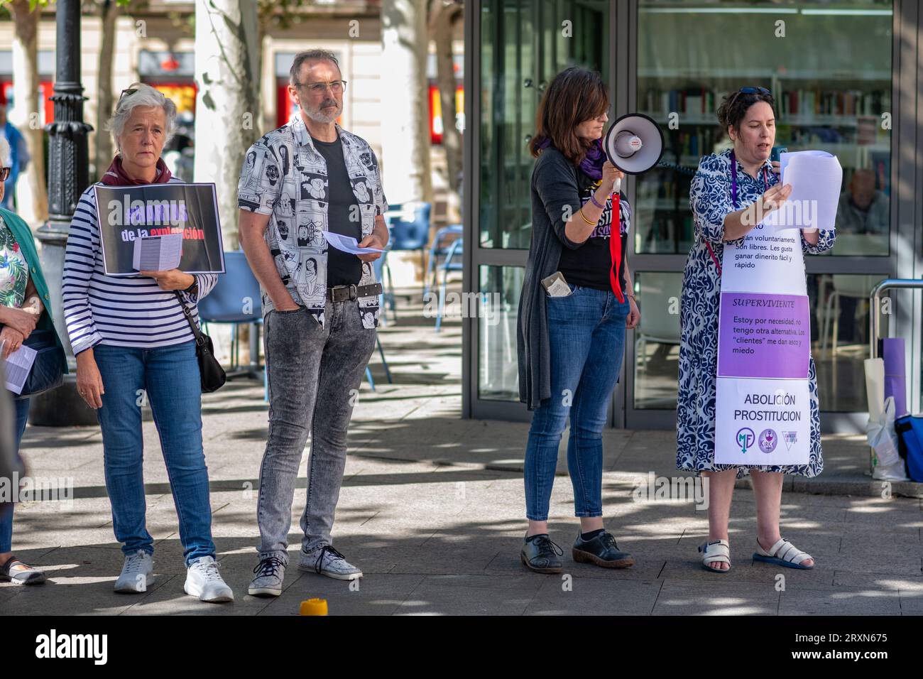 Logroño, La Rioja, Spain - September 23, 2023. Abolitionist feminist women's associations demonstrate against the legalization of prostitution in Logr Stock Photo