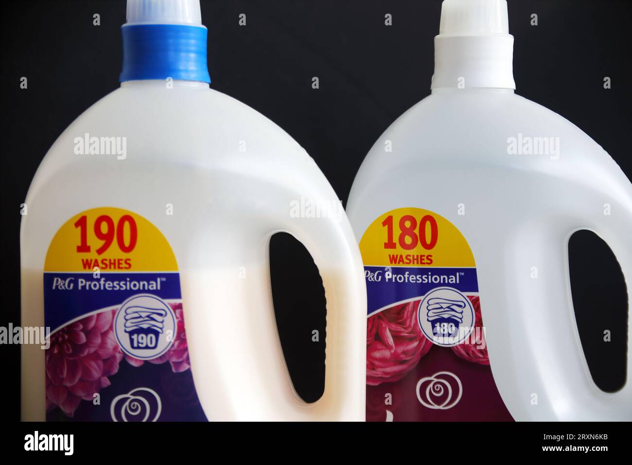 Shrinkflation in the UK as product prices increase and volumes reduce. Lenor fabric conditioner now has 10 fewer washes. Stock Photo