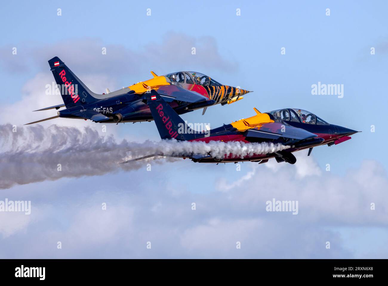 Red Bull (The Flying Bulls) Dassault-Dornier Alpha Jet A (Reg: OE-FAS OE-FRB) taking off from runway 31. Stock Photo