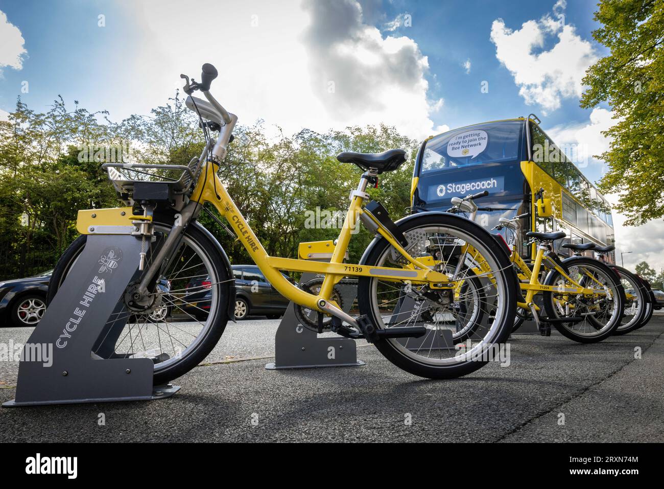 Greater Manchester’s first publicly operated, self service, 24/7 bike hire scheme is running in parts of Manchester, Trafford and Salford. Stock Photo