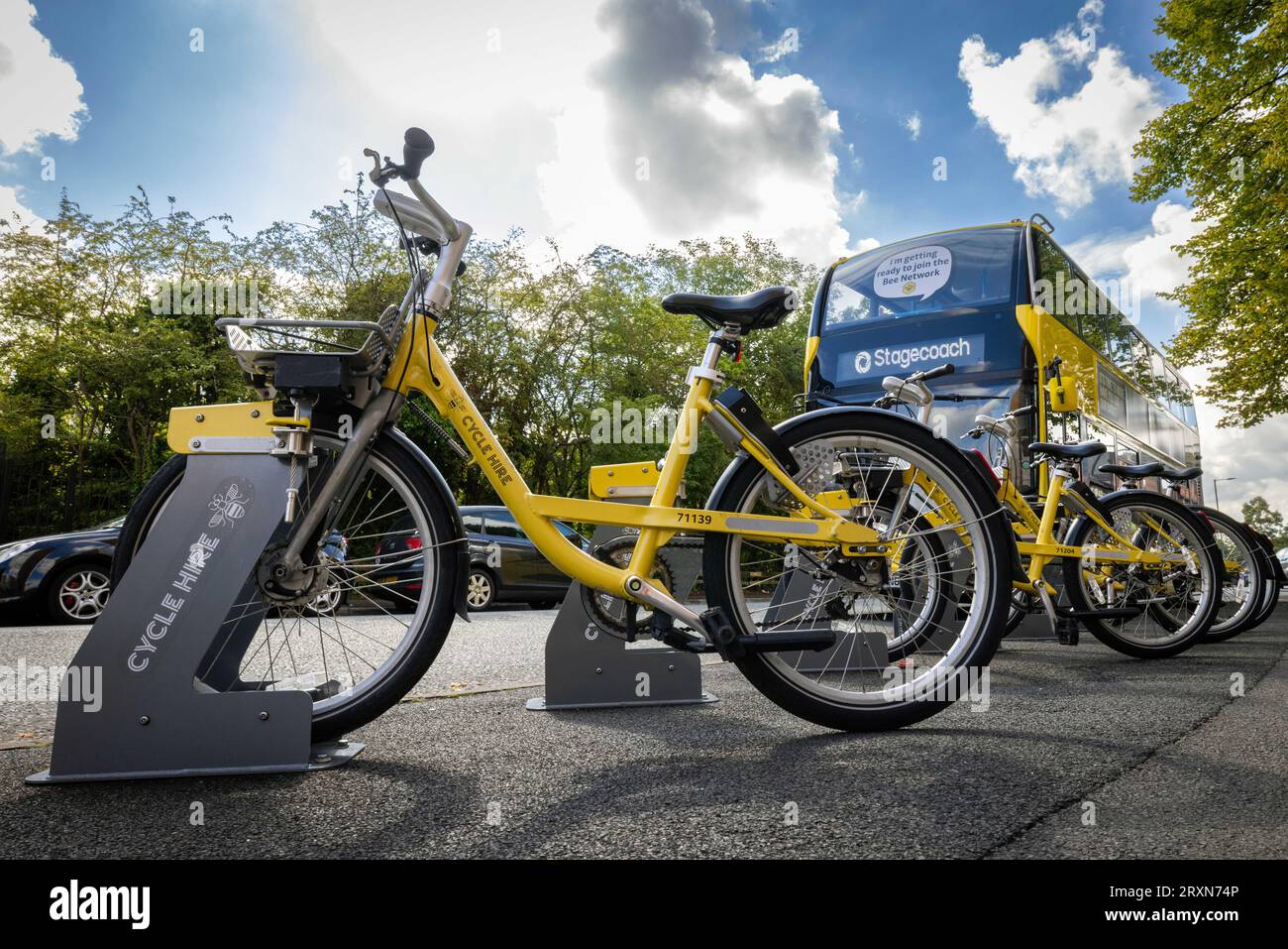 Greater Manchester’s first publicly operated, self service, 24/7 bike hire scheme is running in parts of Manchester, Trafford and Salford. Stock Photo