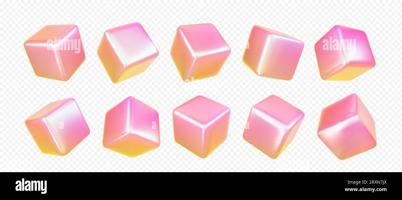 3d holographic prism cube with abstract light. Isometric square cuboid shape in iridescent pink