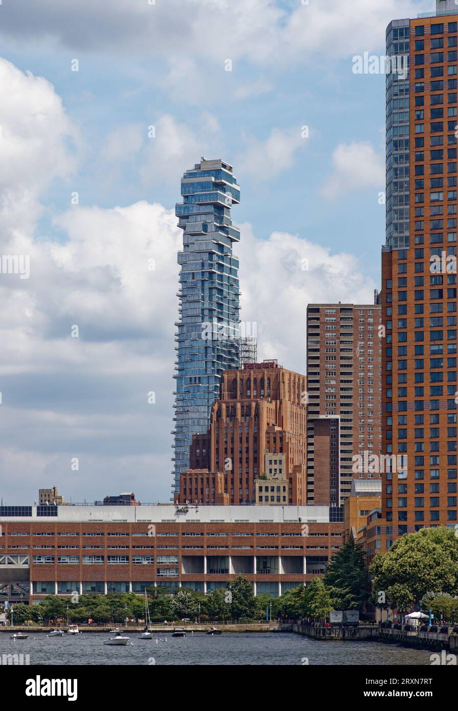 56 Leonard Street, aka Jenga Building, is a Herzog & de Meuron residential design completed in 2017; condos there are among the priciest in NYC. Stock Photo