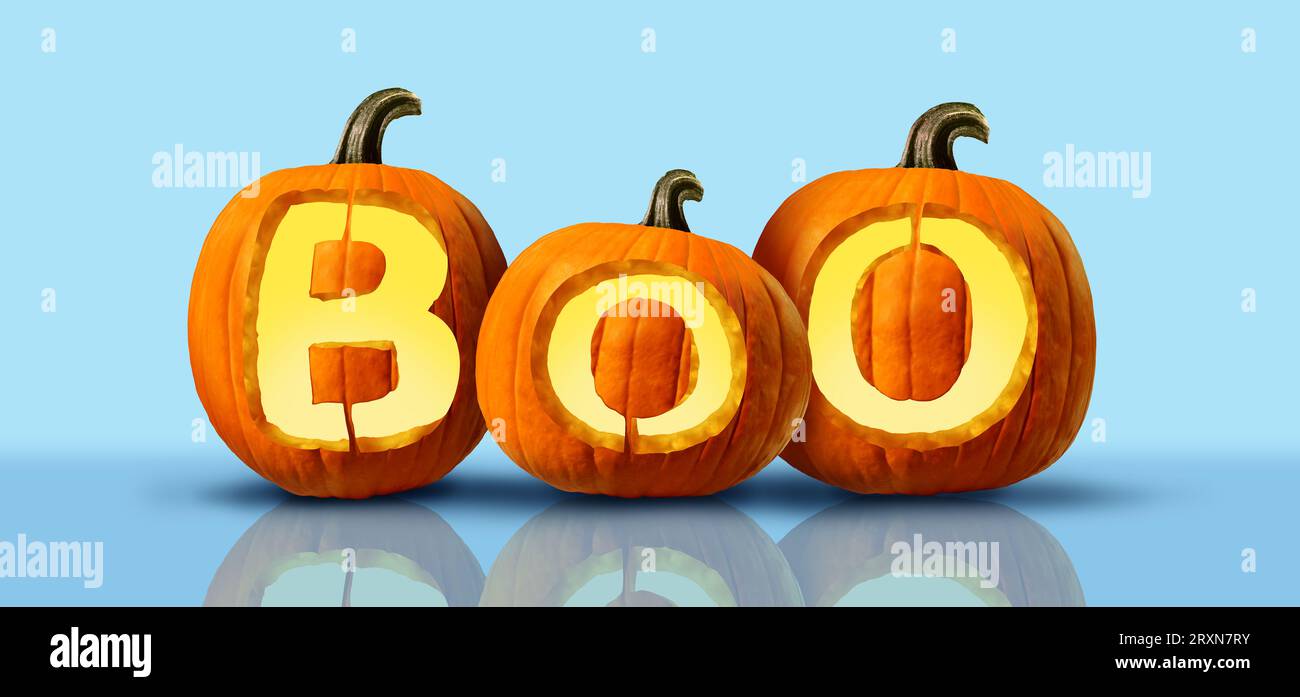 Halloween Boo Pumpkin lantern and Jack O Lantern as funny spooky orange trick or treat pumpkins with carved text as a marketing message on a blue back Stock Photo