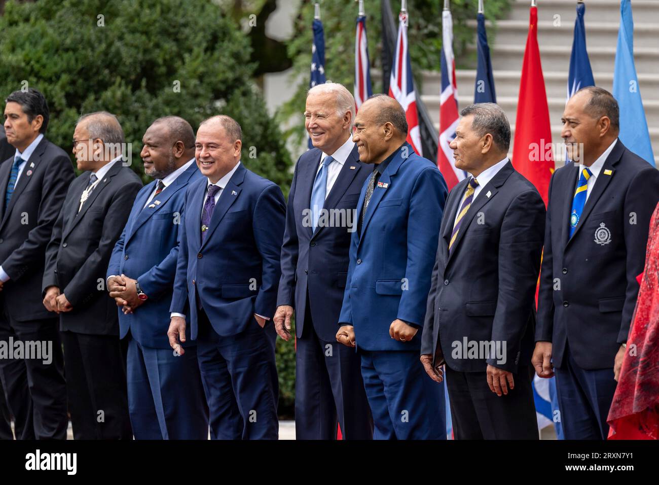 Washington, United States. 25th Sep, 2023. U.S President Joe Biden, center, poses with the Pacific Islands Forum leaders during the 2nd Summit meeting at the White House, September 25, 2023, in Washington, DC From left, Palau President Surangel Whipps Jr., Marshall Islands President David Kabua, Papua New Guinean Prime Minister James Marape, Cook Islands Prime Minister Mark Brown, U.S. President Joe Biden, Kiribati President Taneti Maamau, Tuvaluan Prime Minister Kausea Natano, and Premier of Niue Dalton Tagelagi. Credit: Adam Schultz/White House Photo/Alamy Live News Stock Photo