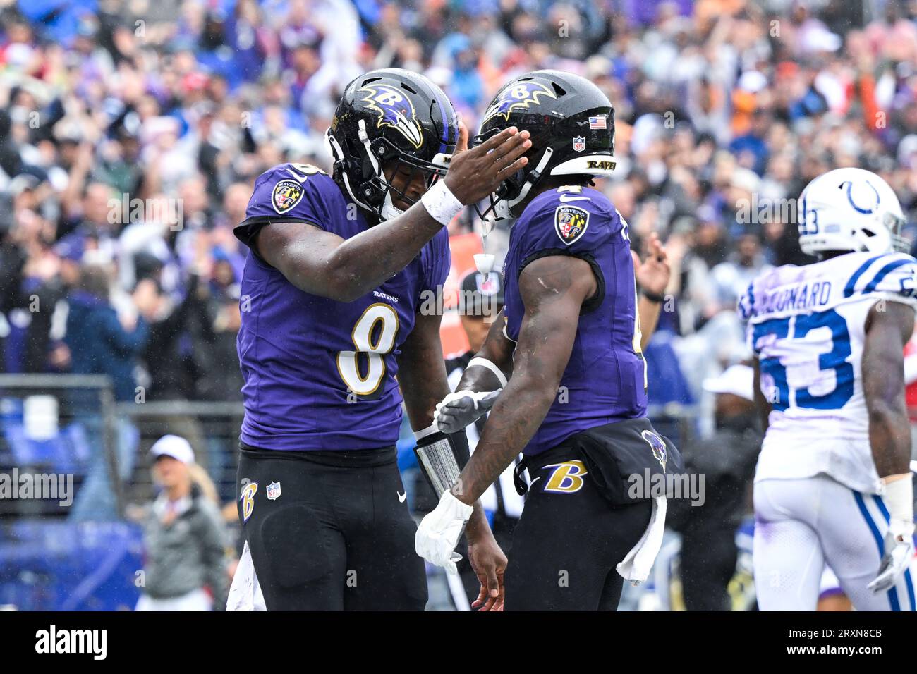 Baltimore Ravens quarterback Lamar Jackson (8) celebrates his touchdown