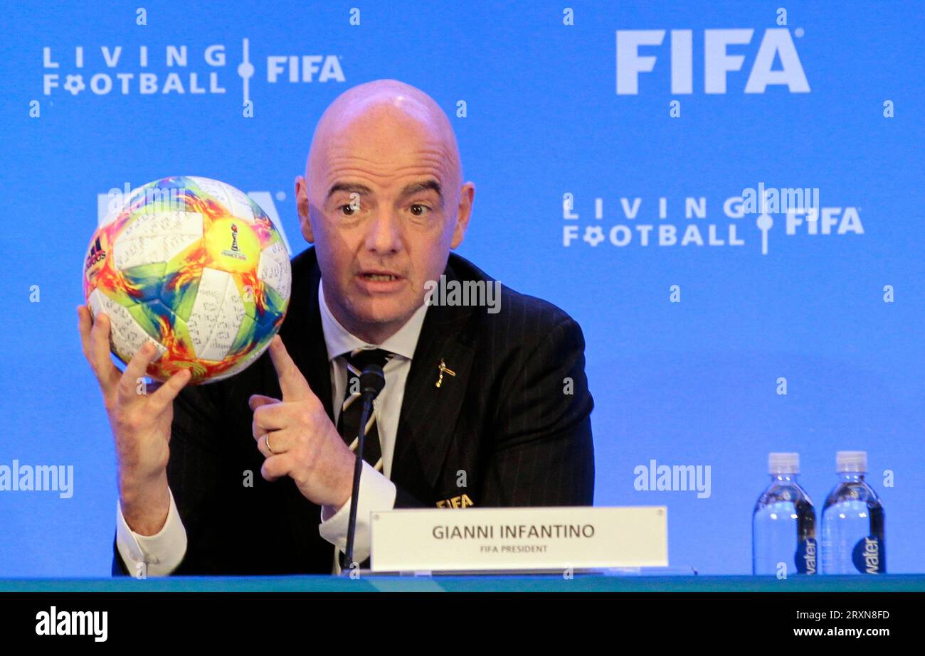 FILE FIFA President Gianni Infantino holds a soccer ball as he speaks