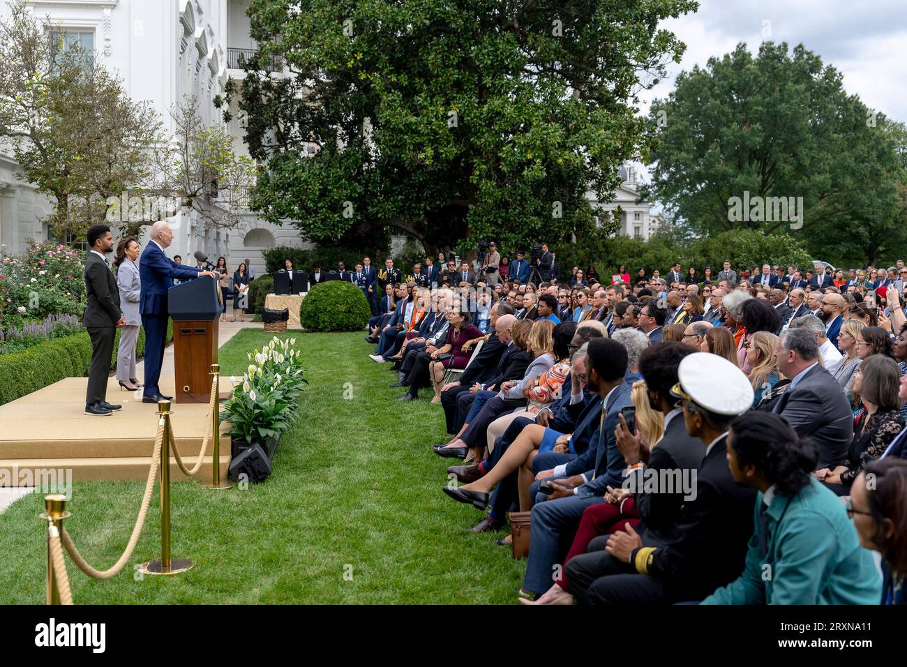 Washington, United States. 22 September, 2023. U.S. President Joe Biden delivers remarks on gun safety as Rep. Maxwell Frost D-FL, left, and Vice President Kamala Harris, right, look on during an event announcing the creation of the Office of Gun Violence Prevention in the Rose Garden of the White House, September 22, 2023, in Washington, D.C.  Credit: Adam Schultz/White House Photo/Alamy Live News Stock Photo