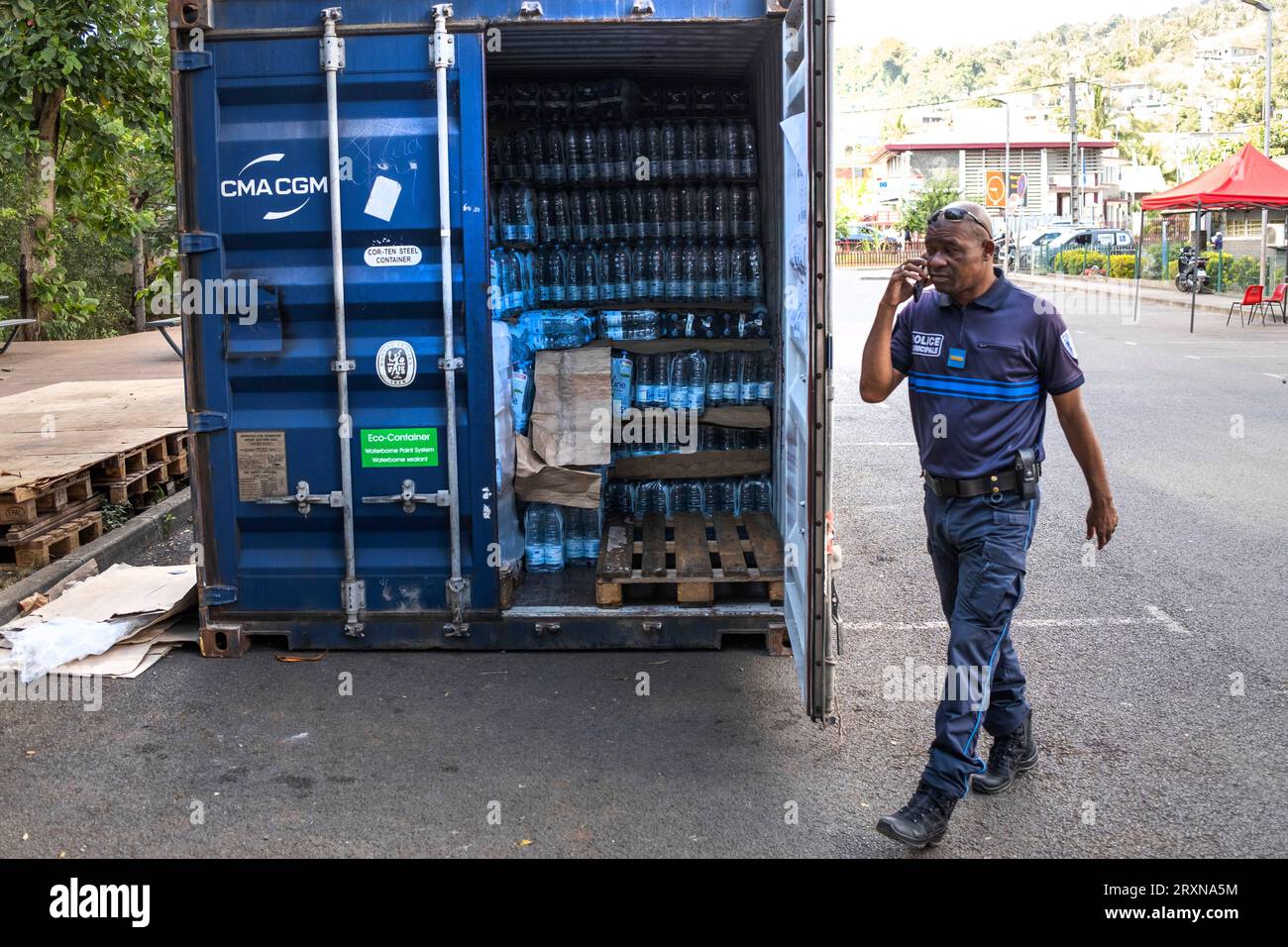 France. 22nd Sep, 2023. Distribution point of 600,000 liters of bottled water from Martinique Island to the department's most vulnerable people in Dembeni on the French island of Mayotte on September 22, 2023. Photo by David Lemor/ABACAPRESS Credit: Abaca Press/Alamy Live News Stock Photo