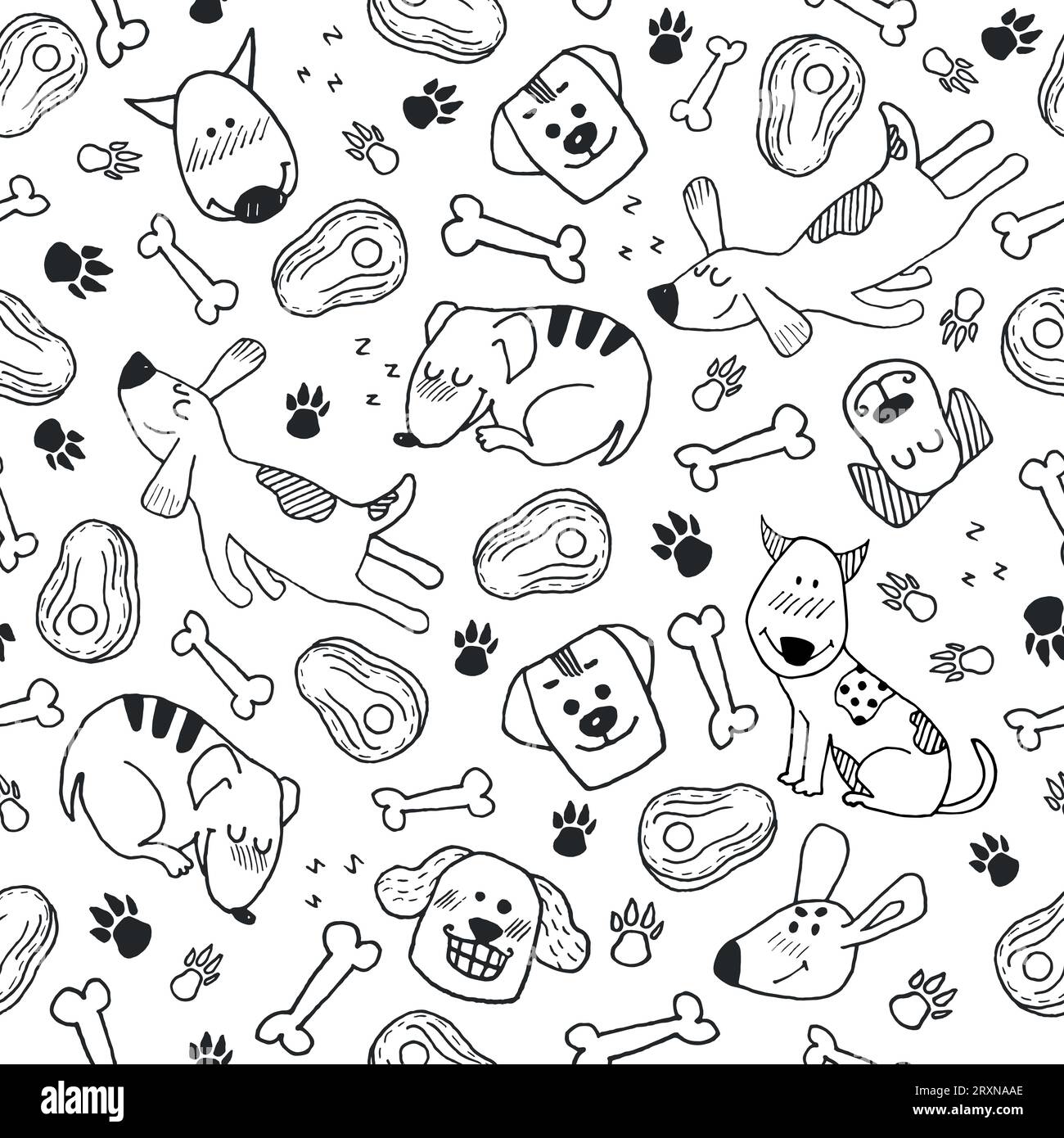 Funny seamless pattern with hand drawn doodle dogs, paw prints and bones. Vector animal character in black and white Stock Vector