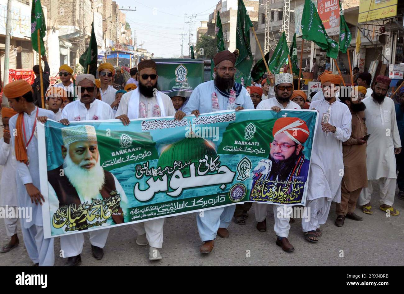 Sunni Muslims are holding celebration religious procession in connection of 12th Rabi-ul-Awwal Eid Milad-un- Nabi, the birthday anniversary celebration of Holy Prophet Muhammad (PBUH) coming ahead, at Hali road in Hyderabad on Tuesday, September 26, 2023. Stock Photo