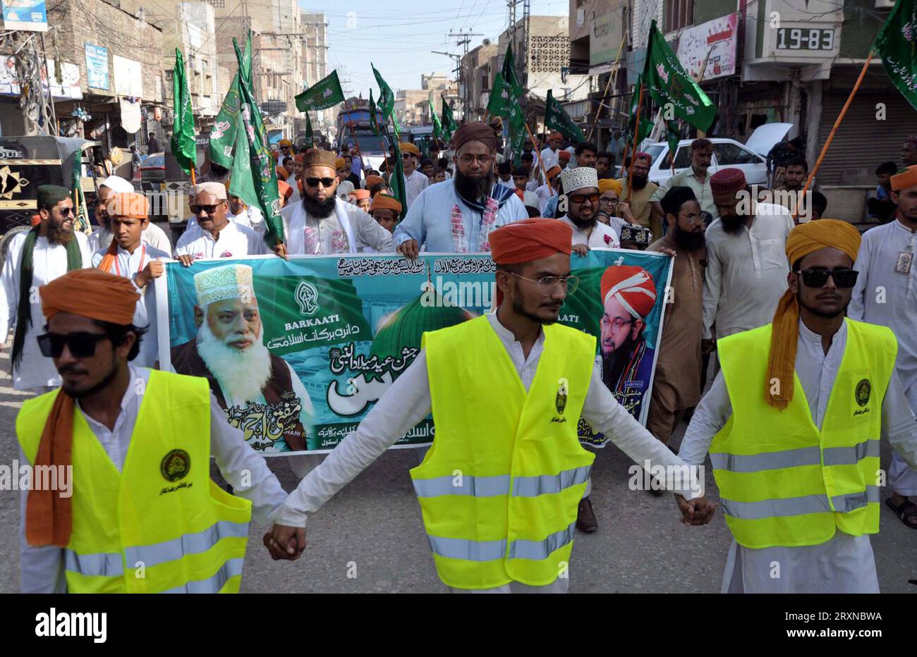 Sunni Muslims are holding celebration religious procession in connection of 12th Rabi-ul-Awwal Eid Milad-un- Nabi, the birthday anniversary celebration of Holy Prophet Muhammad (PBUH) coming ahead, at Hali road in Hyderabad on Tuesday, September 26, 2023. Stock Photo