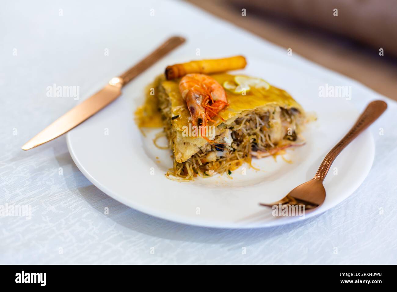 Traditional Moroccan pastilla with different seafood Stock Photo