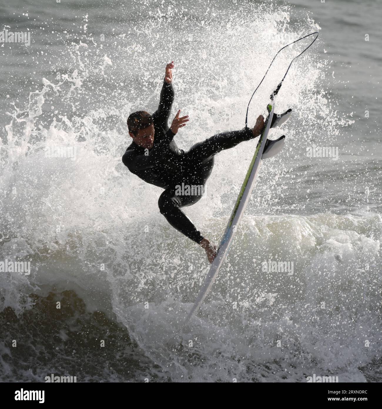 Surfer Patrick Langdon Dark performs at local Welsh break in readiness for Paris Olympics 2024 Stock Photo