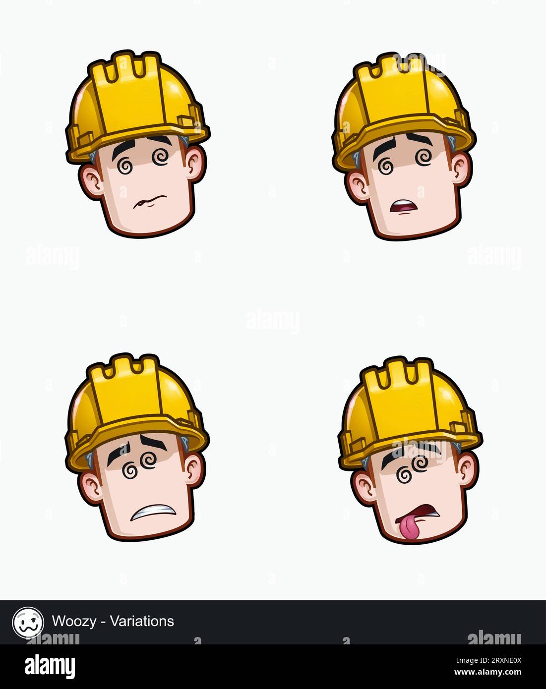 Icon set of a construction worker face with Woozy emotional expression variations. All elements neatly on well described layers and groups. Stock Vector