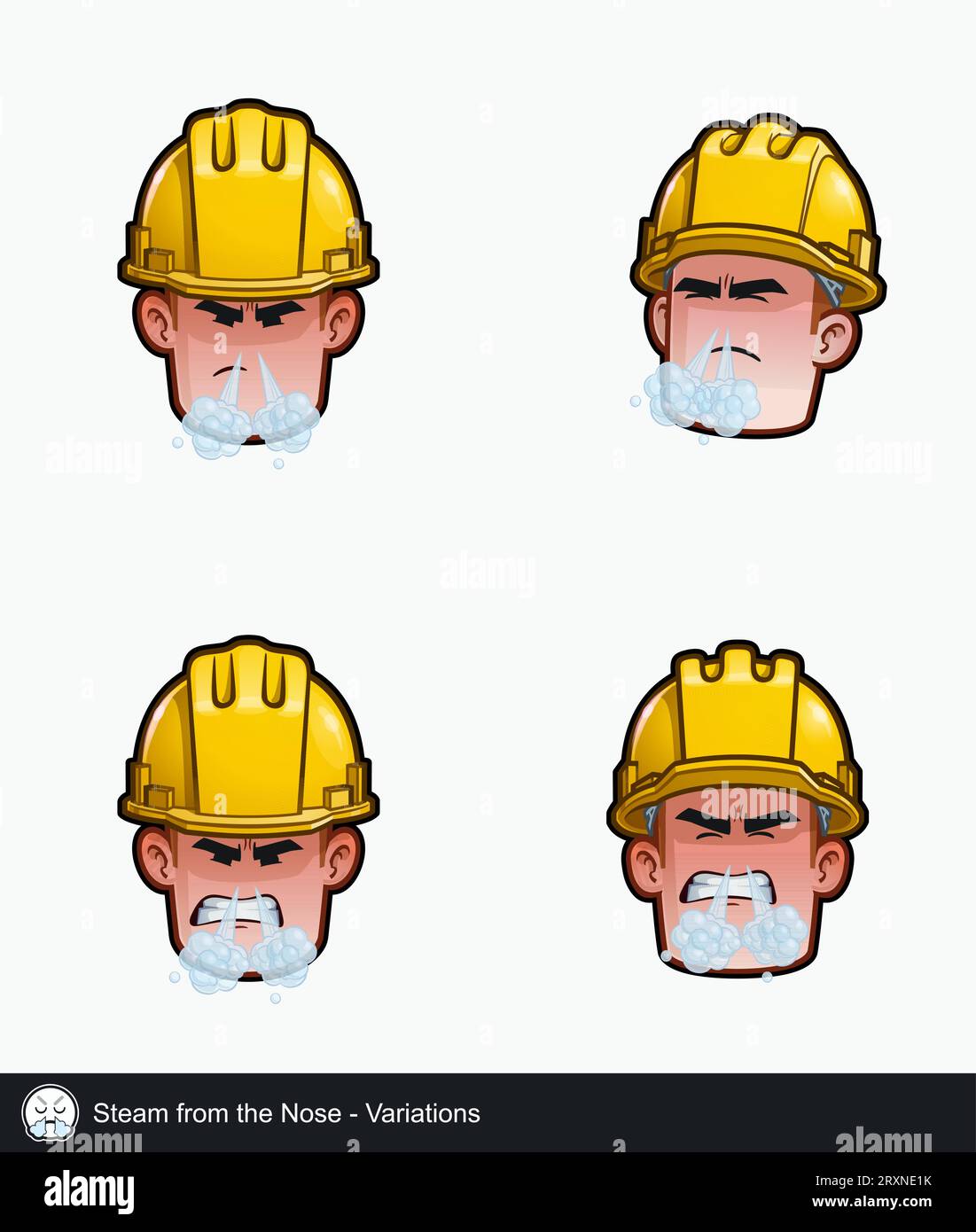 Icon set of a construction worker face with Steam from the Nose emotional expression variations. All elements neatly on well described layers and grou Stock Vector