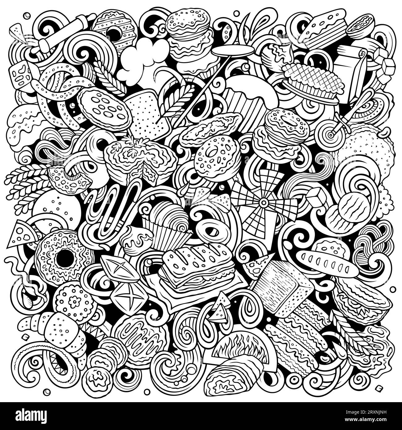 Cartoon vector Bakery doodle illustration features a variety of