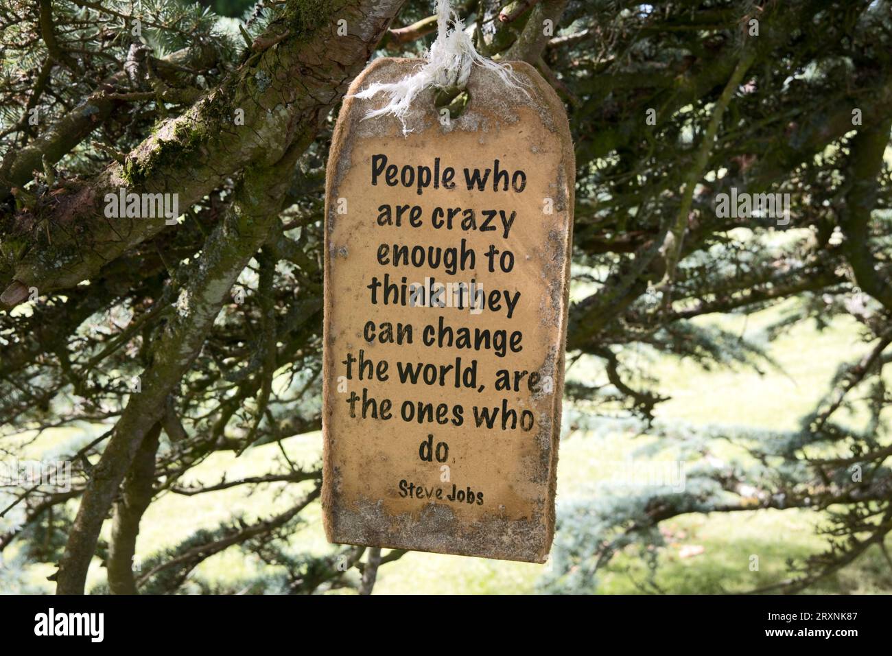 Steve Jobs quote on hanging sign at Compton Verney 18th Century manor house now an independant national art gallery set in a Capability Brown landscap Stock Photo