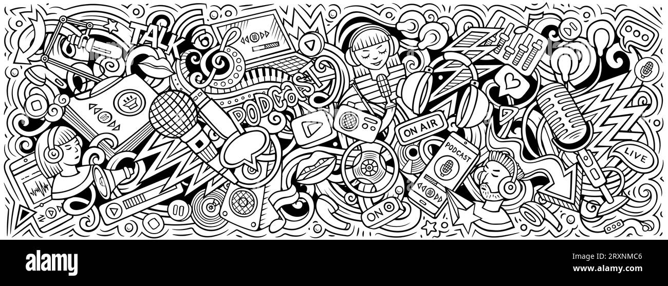 Cartoon vector Podcast doodle illustration features a variety of Audio Content objects and symbols. Skethcy whimsical funny picture. Stock Vector