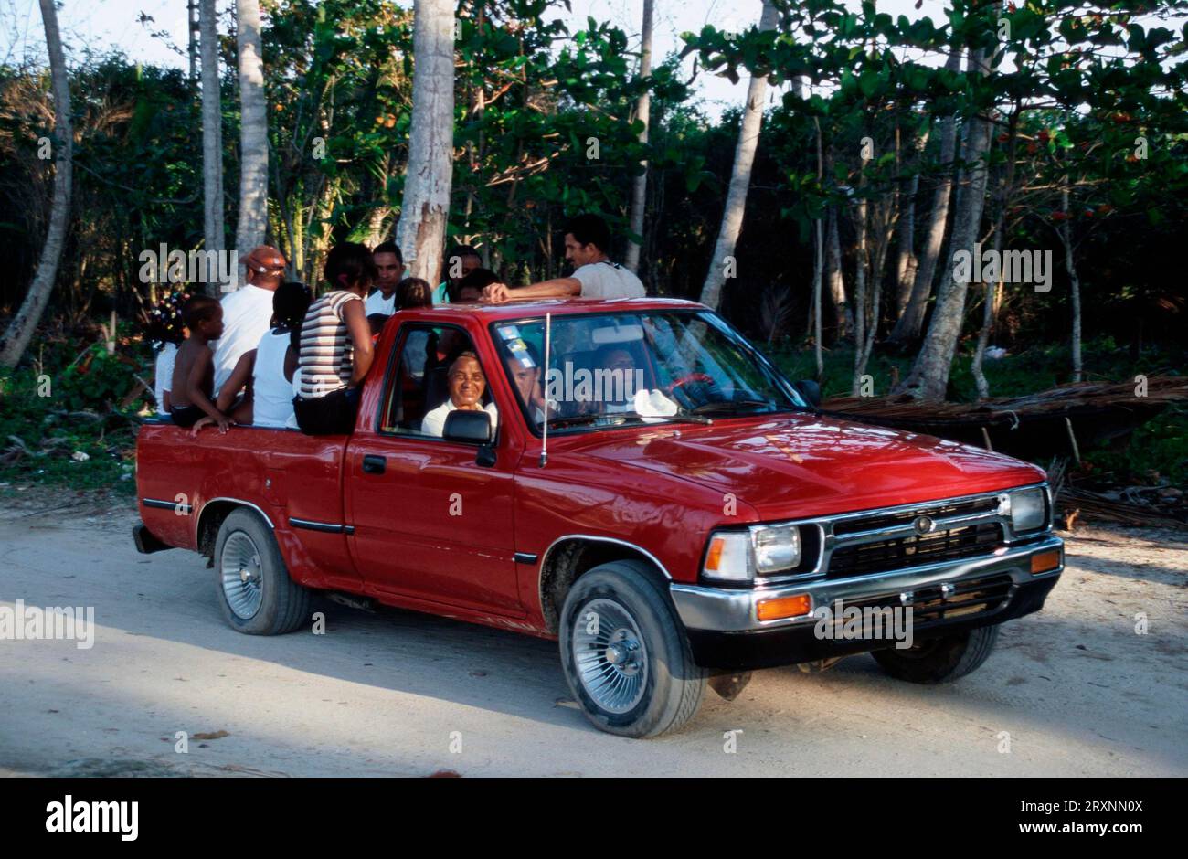 People in the car, Las Galeras, Samana, Dominican Republic, Caribbean Stock Photo