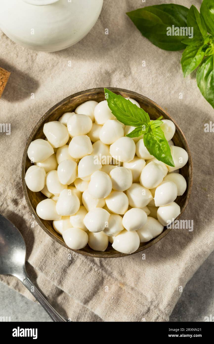 Healthy Raw Organic Mozzarella Pearls with Basil Stock Photo