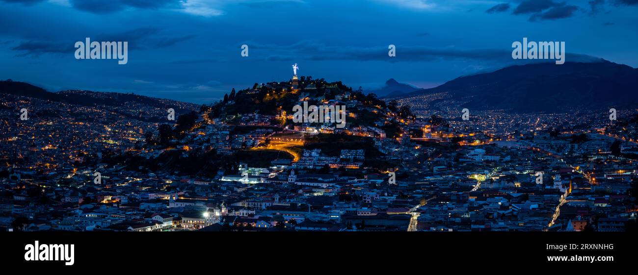 El Panecillo hill at night, Quito, Pichincha Province, Ecuador Stock Photo