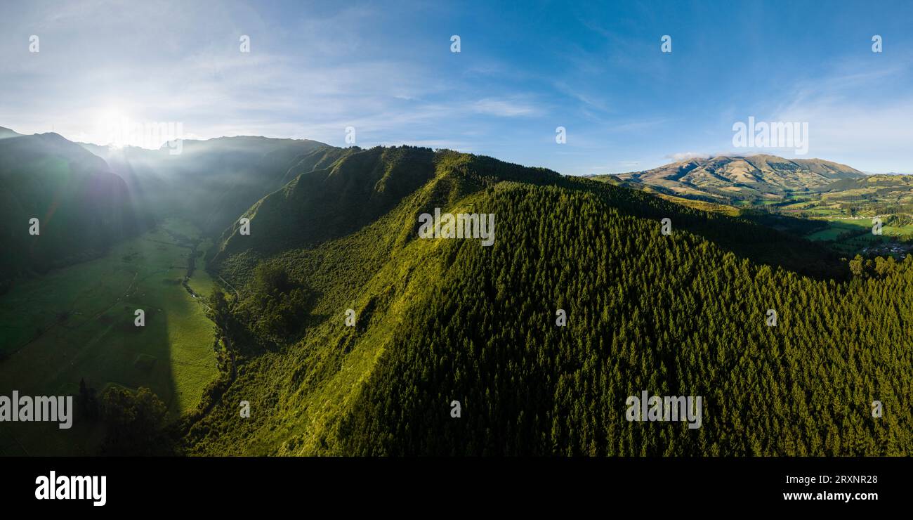 Drone view of fog floating over valley in Andes, Imbabura Province, Ecuador Stock Photo