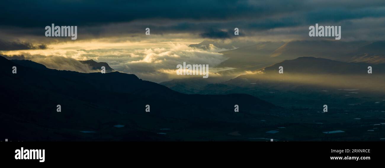 Drone view of Andes at foggy dawn, Imbabura Province, Ecuador Stock Photo