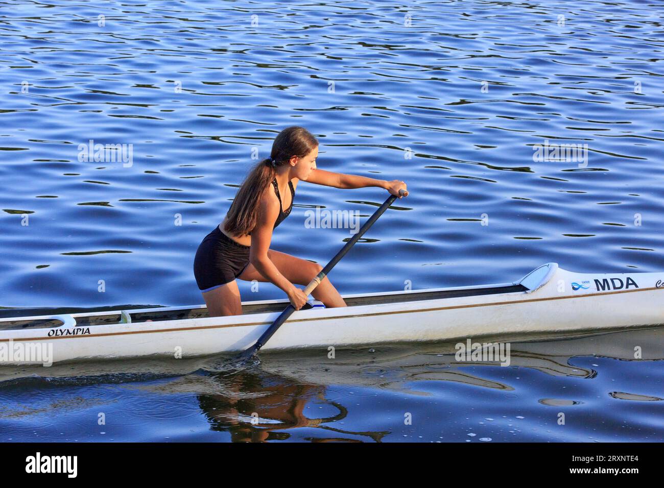 A female sprint canoeist at Valea Morilor Park in Chisinau, Moldova Stock Photo