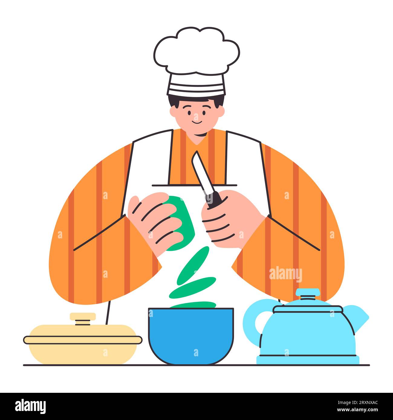 Chef cooking prepare slice cutting chopping vegetable cucumber cartoon flat illustration Stock Vector