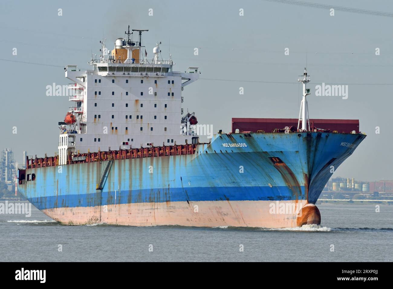 Containership MSC BARBADOS passing Lühe (river Elbe) bound for Hamburg Stock Photo
