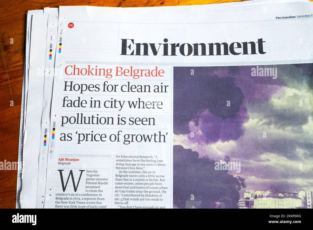 'Choking Belgrade Hopes for clean air fade in city where pollution is seen as price of growth' Guardian newspaper headline article 22 September 2023 Stock Photo