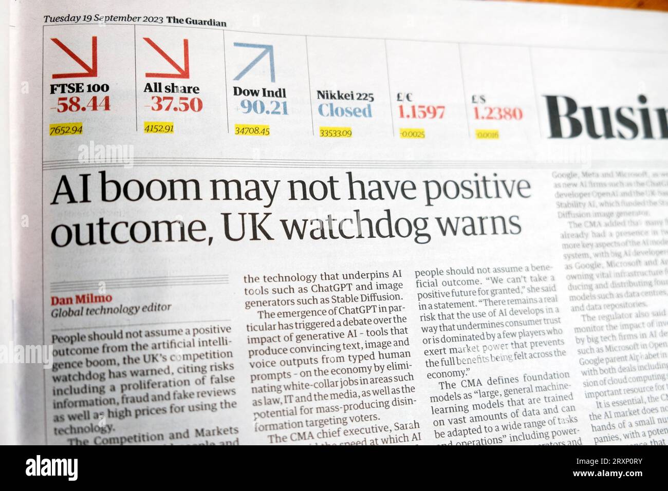 Artificial Intelligence 'AI boom may not have positive outcome, UK watchdog warns' Guardian newspaper headline article 19 September 2023 London UK Stock Photo