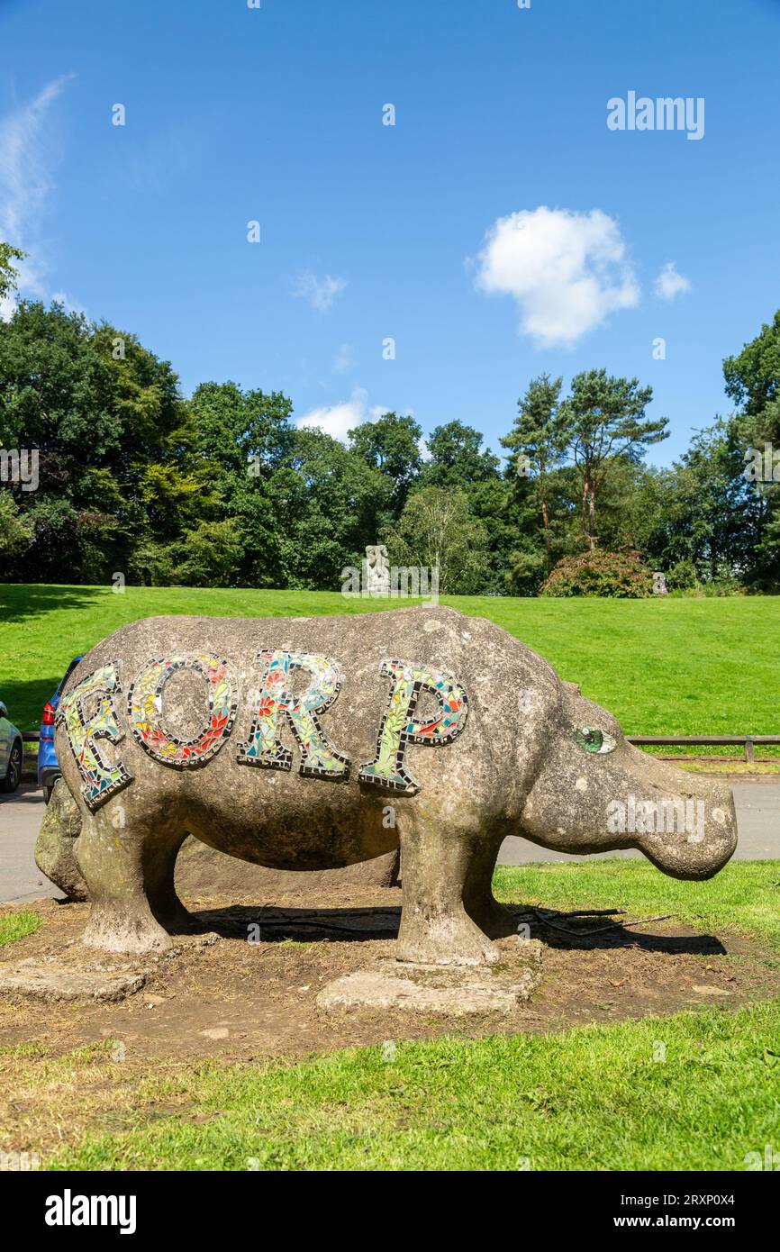 Concrete Hippo with FORP Friends of Riverside Park, Fife, Scotland Stock Photo