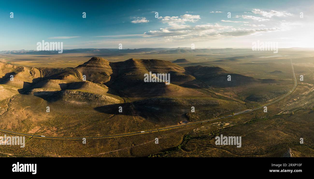 Aerial view of brown barren hills at sunset, Touws River, Western Cape, South Africa Stock Photo