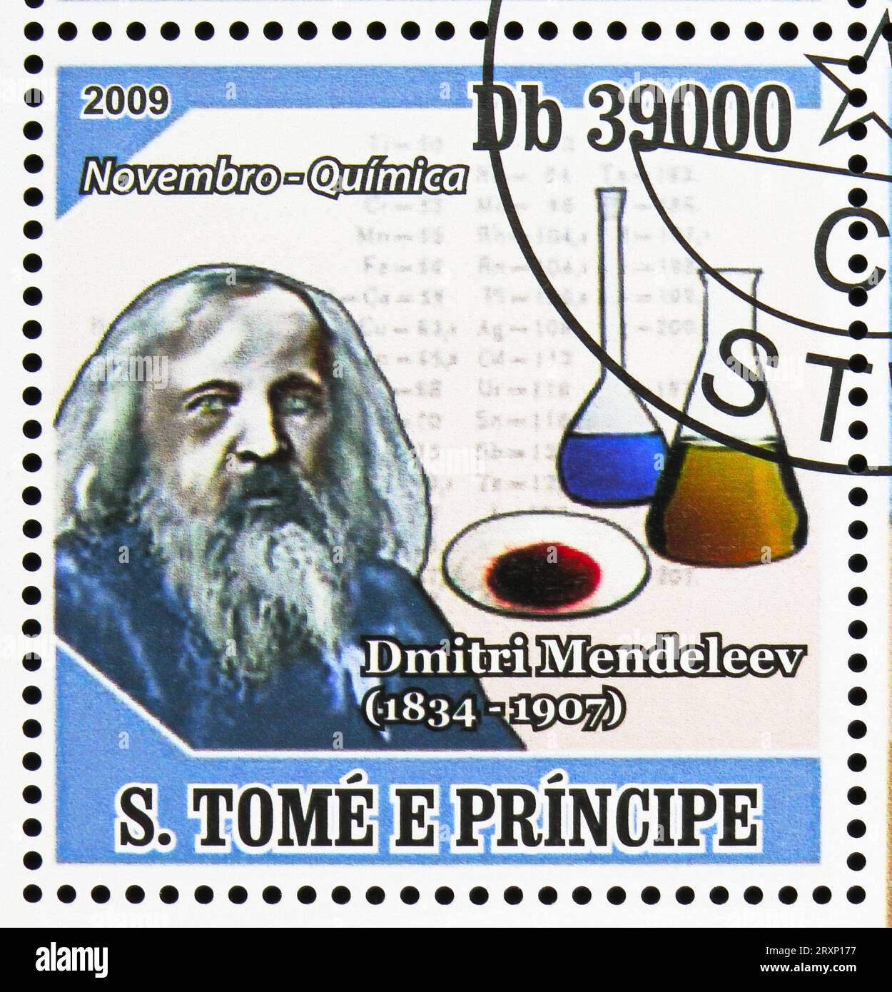 MOSCOW, RUSSIA - JULY 12, 2022: Postage stamp printed in Sao Tome and Principe shows Dmitri Mendeleev, International Year of science serie, circa 2009 Stock Photo