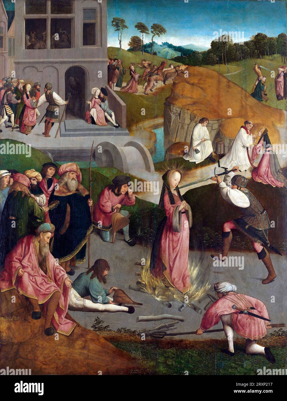 The Martyrdom of Saint Lucy, Master of the Figdor Deposition, c. 1505 - c. 1510 After breaking off her engagement to a Roman consul to become a Christian, Lucy endured many tortures, yet she remained steadfast. She was eventually executed by the sword, as seen here. This panel was part of an altar dedicated to the saint. Stock Photo