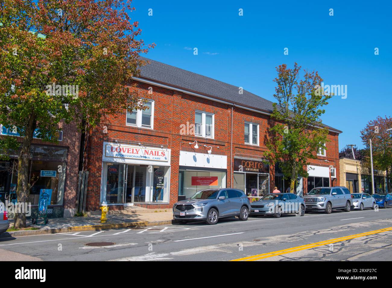 Historic commercial buildings on Great Plain Avenue at Highland Avenue ...