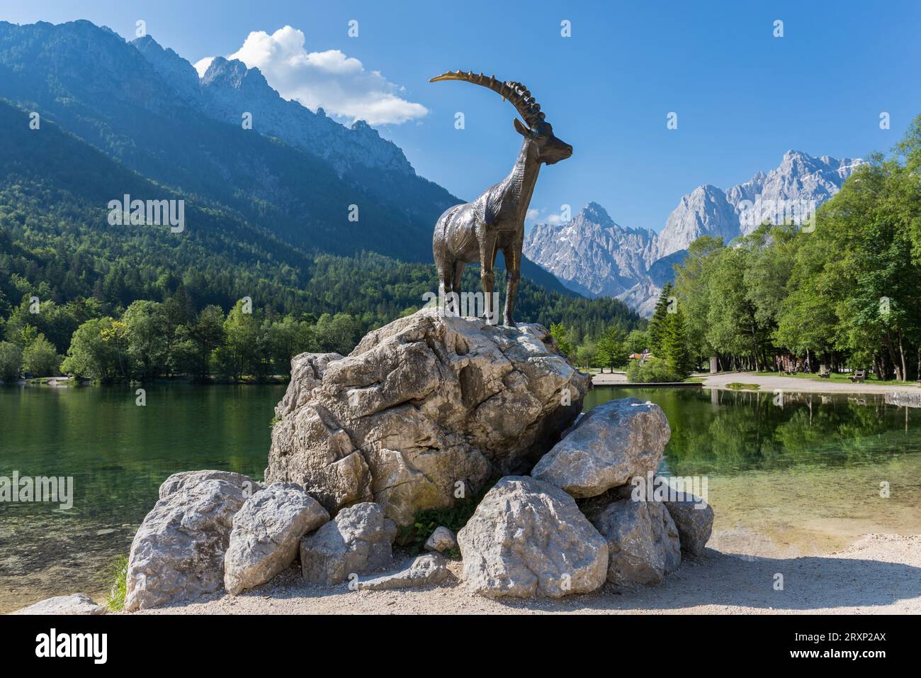 Goldhorn statue near Jasna lake, Kranjska Gora, Slovenia Stock Photo ...