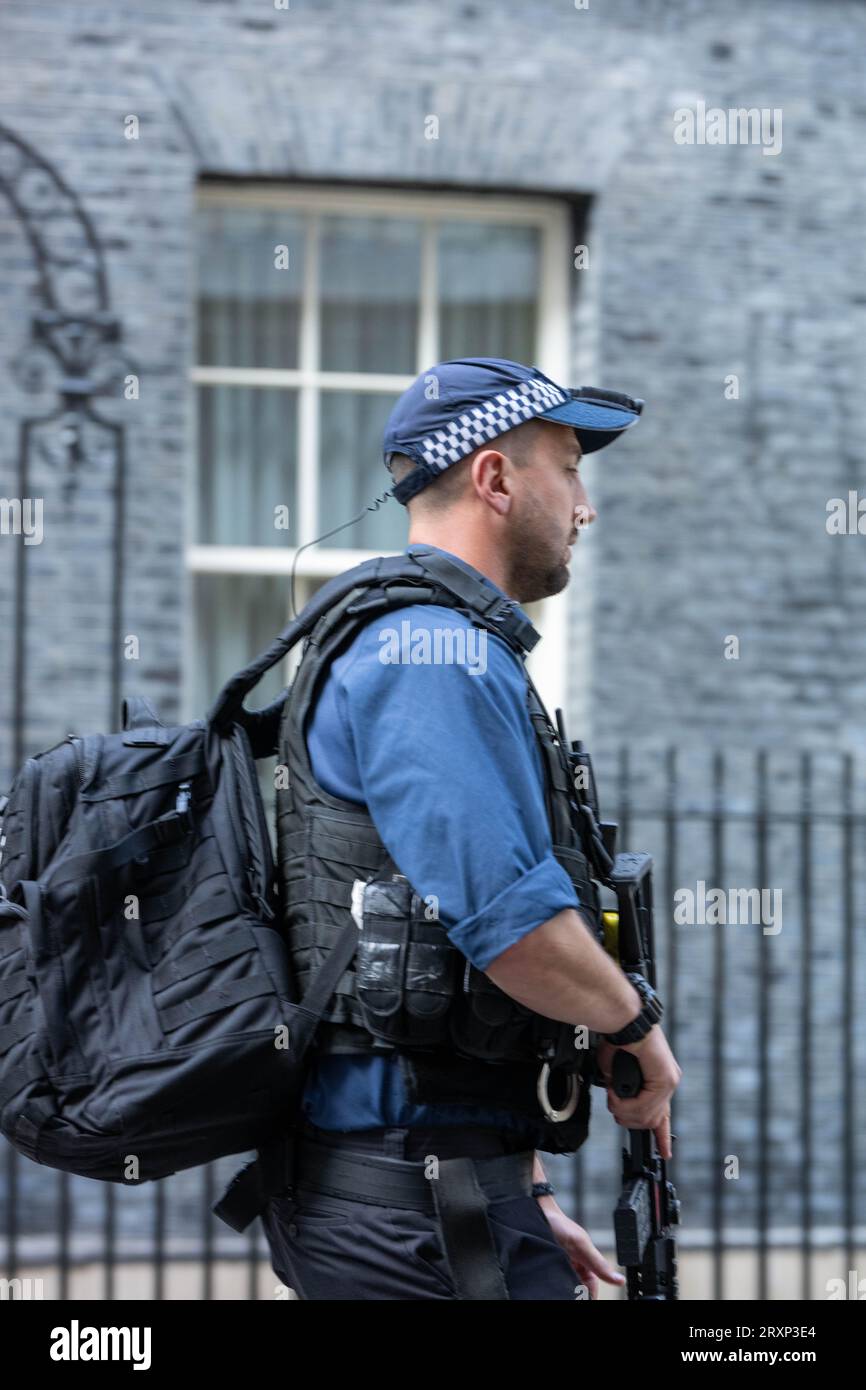 tree London, UK. 26th Sep, 2023. Despite reports that many 'Authorised firearms officers' (AFO's) have handed in their firearms certificates due to the charging by the CPS of on of their colleagues; Downing Street remains patrolled and protected by armed metropolitan police officers, Credit: Ian Davidson/Alamy Live News Stock Photo