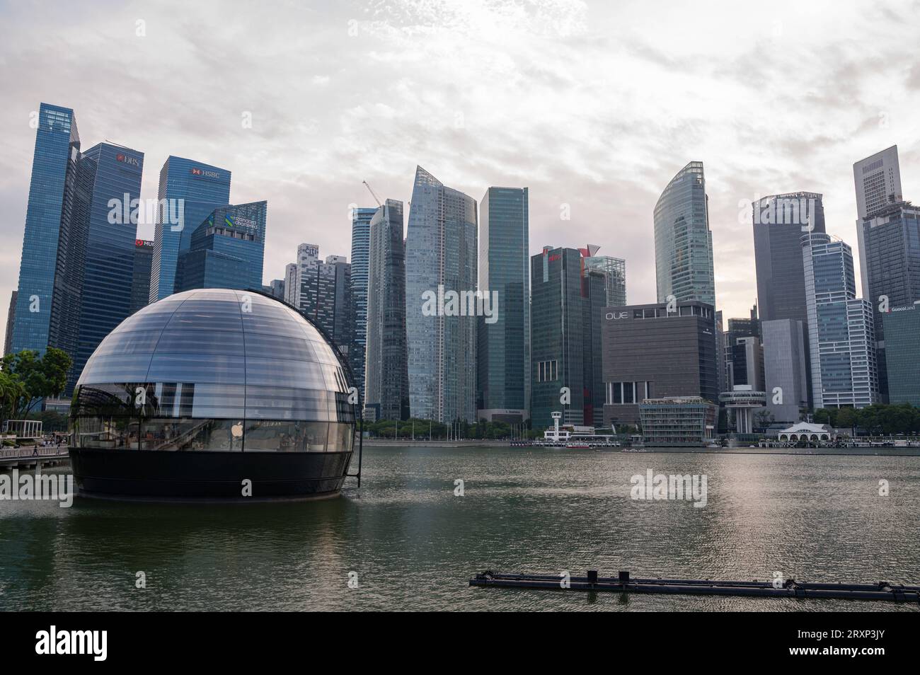 01.08.2023, Singapur, Republik Singapur, Asien - Ein Blick auf das neue Apple-Vorzeigegeschaeft Flagshipstore am Ufer in Marina Bay mit den modernen Wolkenkratzern des Geschaeftsviertels im Hintergund. Die futuristische Architektur des modernen Einzelhandelsgeschaefts hat die Form einer riesigen Glaskugel, die auf dem Wasser schwebt und ist der dritte Apple Store im suedostasiatischen Stadtstaat. Entworfen wurde das Gebaeude vom englischen Star-Architekten Sir Norman Foster Foster and Partners. *** 01 08 2023, Singapore, Republic of Singapore, Asia A view of Apples new flagship store on the wa Stock Photo