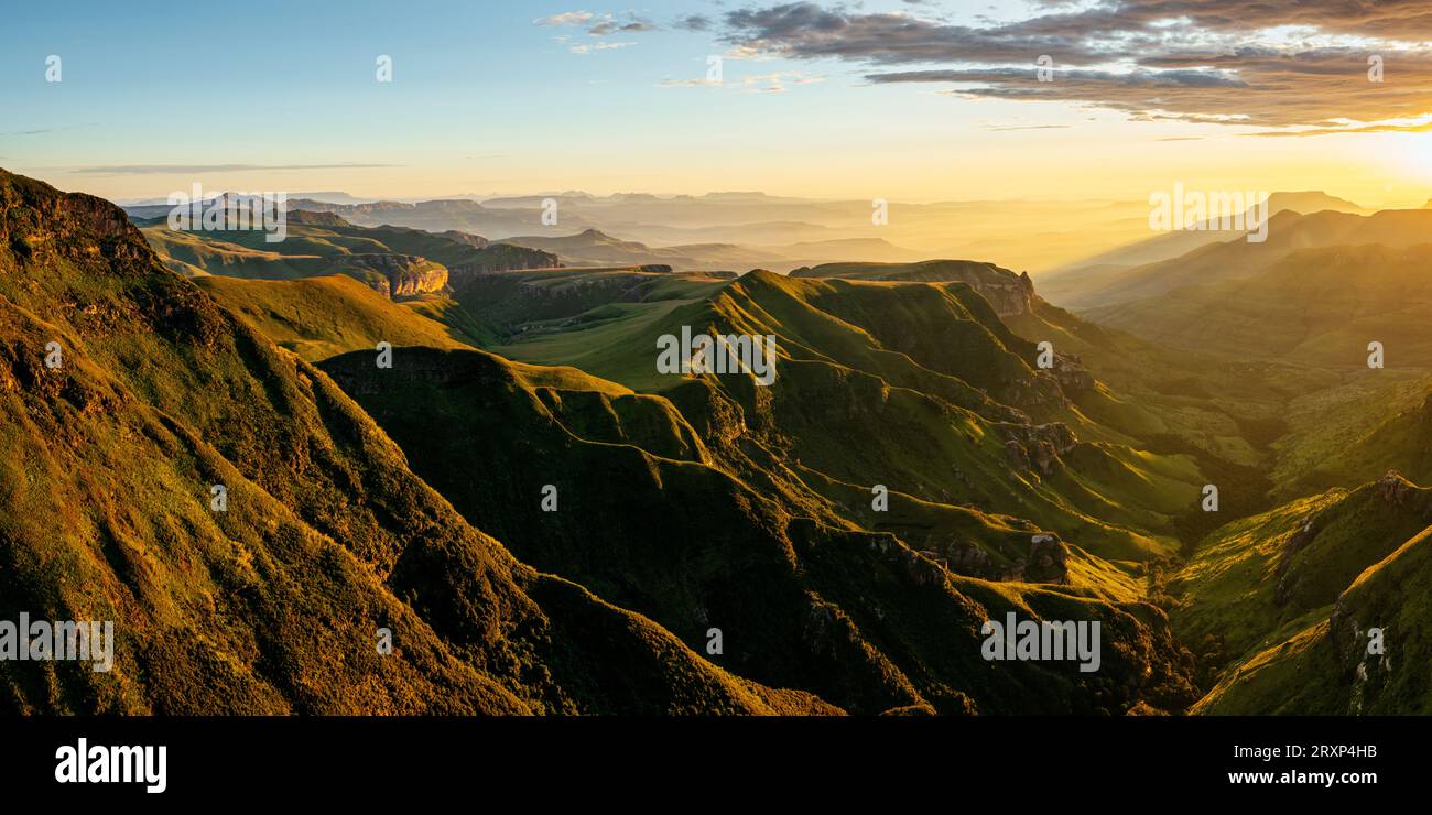 Drone view of Drakensberg Mountains at sunrise, Kwazulu-Natal, South Africa Stock Photo