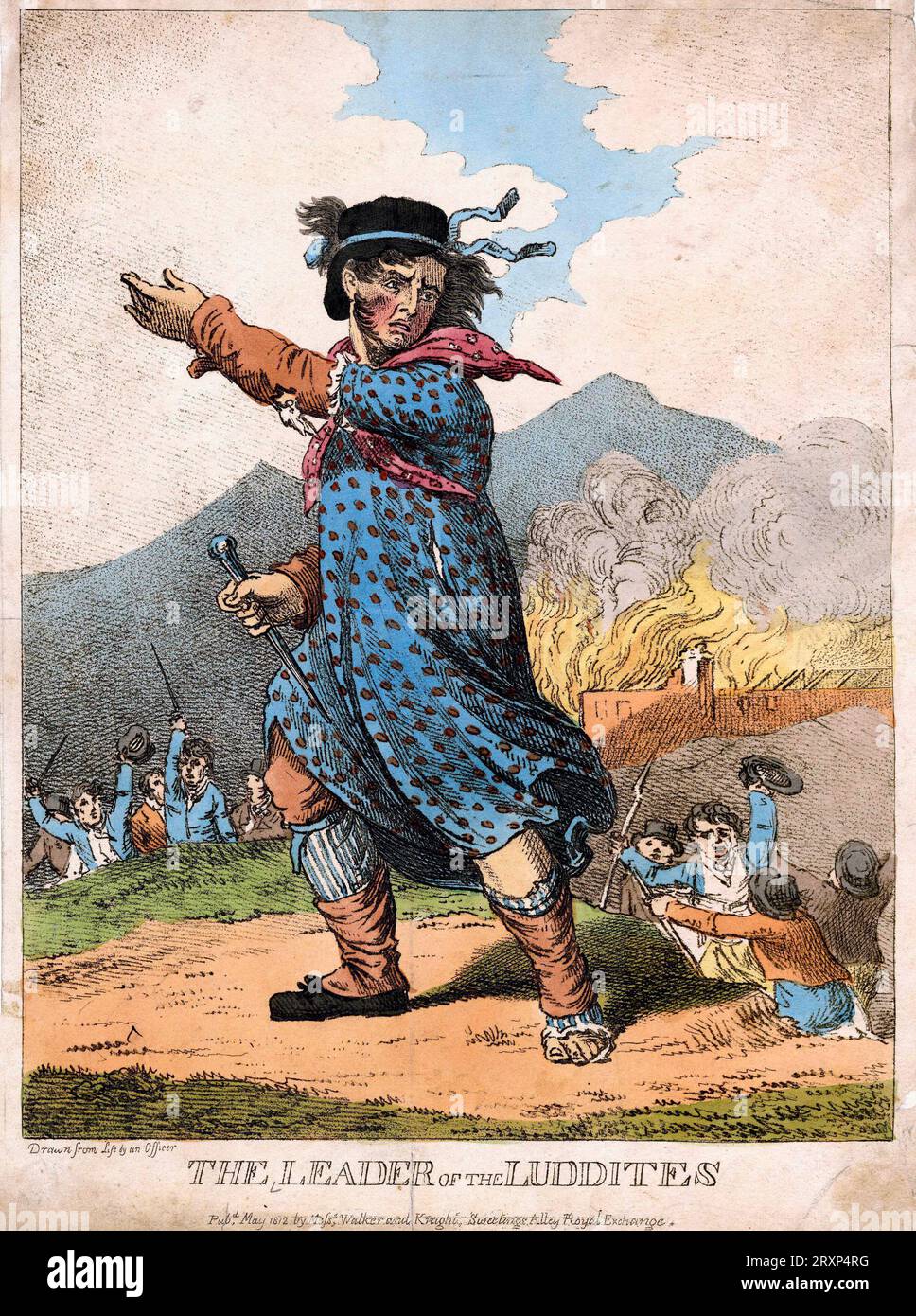 The Leader of the Luddites, 1812. Hand-coloured etching. Stock Photo