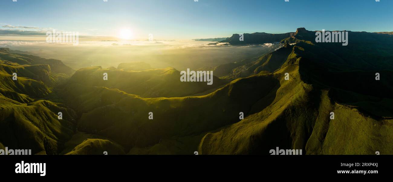 Drone view of Drakensberg Mountains at sunrise, Kwazulu-Natal, South Africa Stock Photo