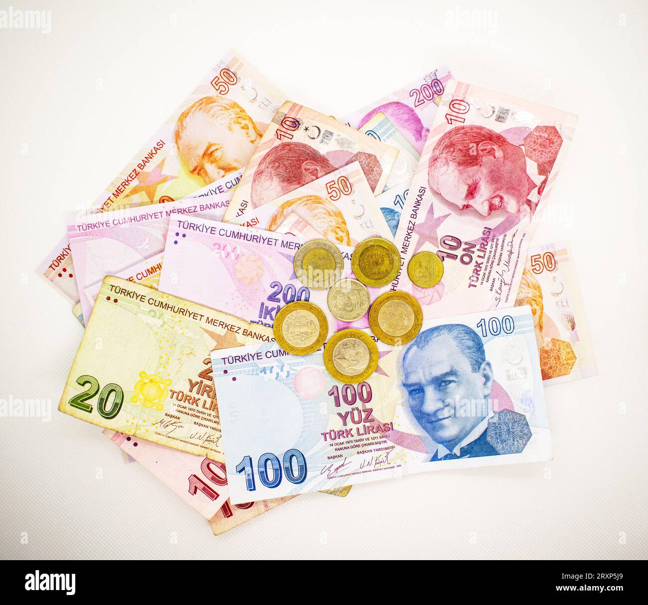 Turkish Lira - Turkish Banknotes - local currency coins and banknotes, featuring image of Ataturk, in Republic of Turkey Stock Photo
